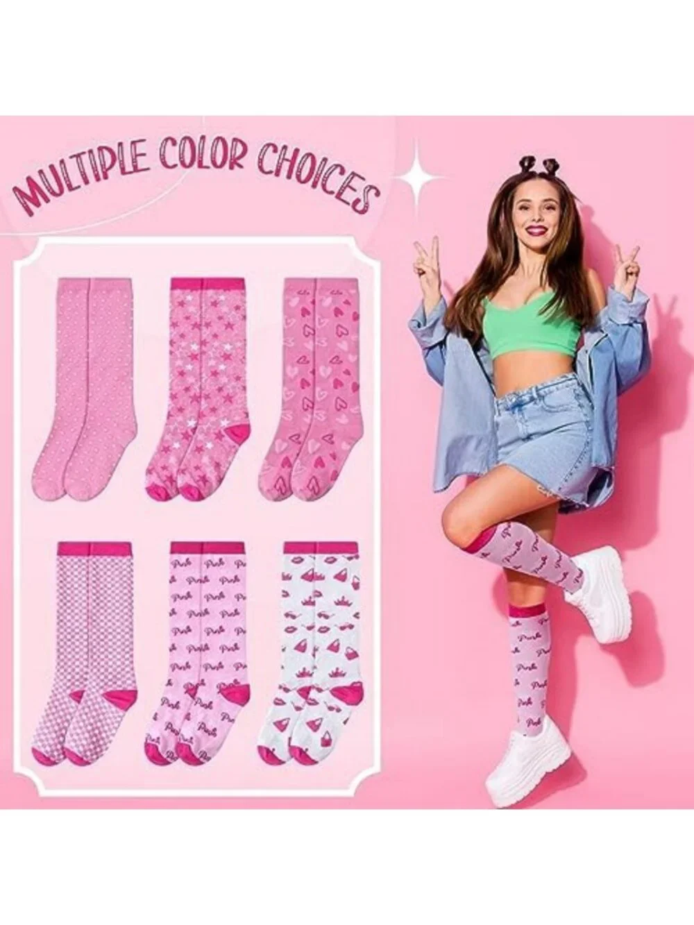 6 Pairs Pink Knee High Socks for Women & Girls | Preppy Tube Style, Cozy & Cute